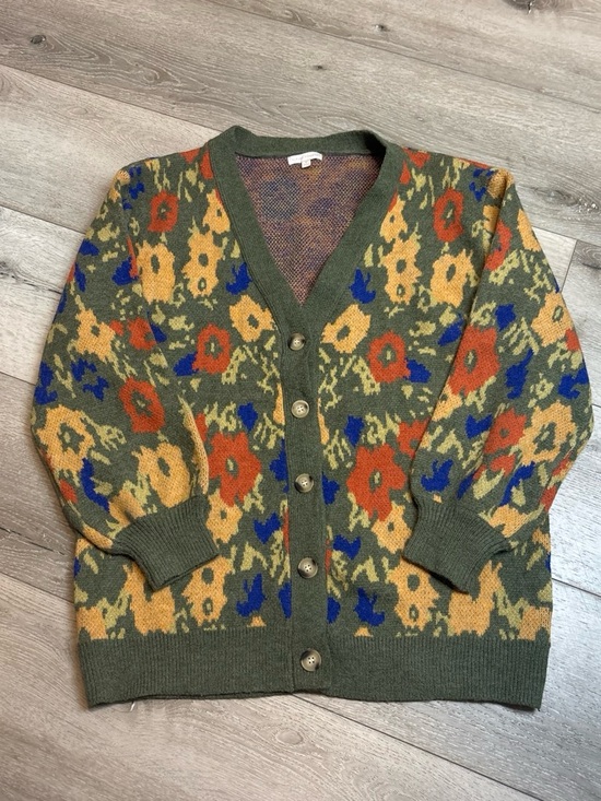 Flying Tomato Sweaters - Flying Tomato Olive Green Abstract Floral Knit V-Neck Cardigan Sweater Medium